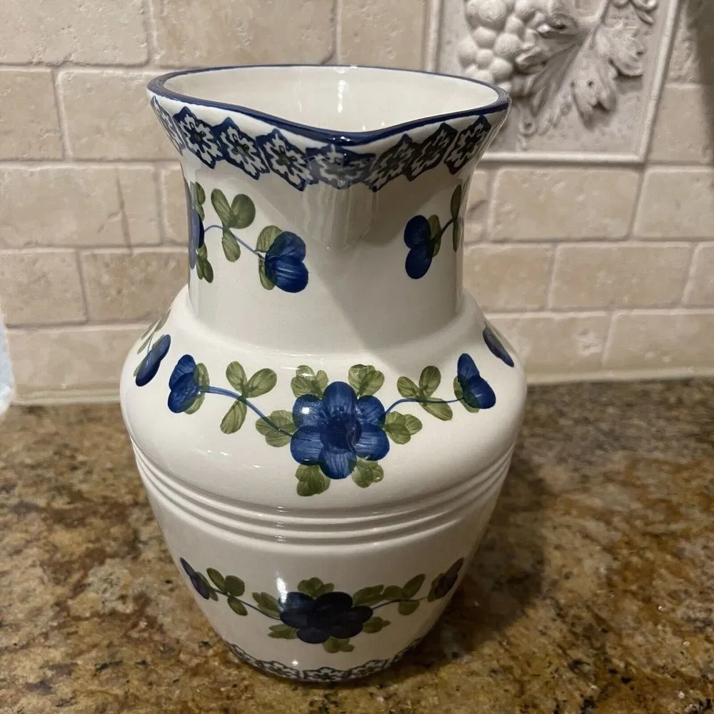 Tabletops Gallery Pitcher‎ 8.5 Inch Nicolette White Blue Flowers Ceramic